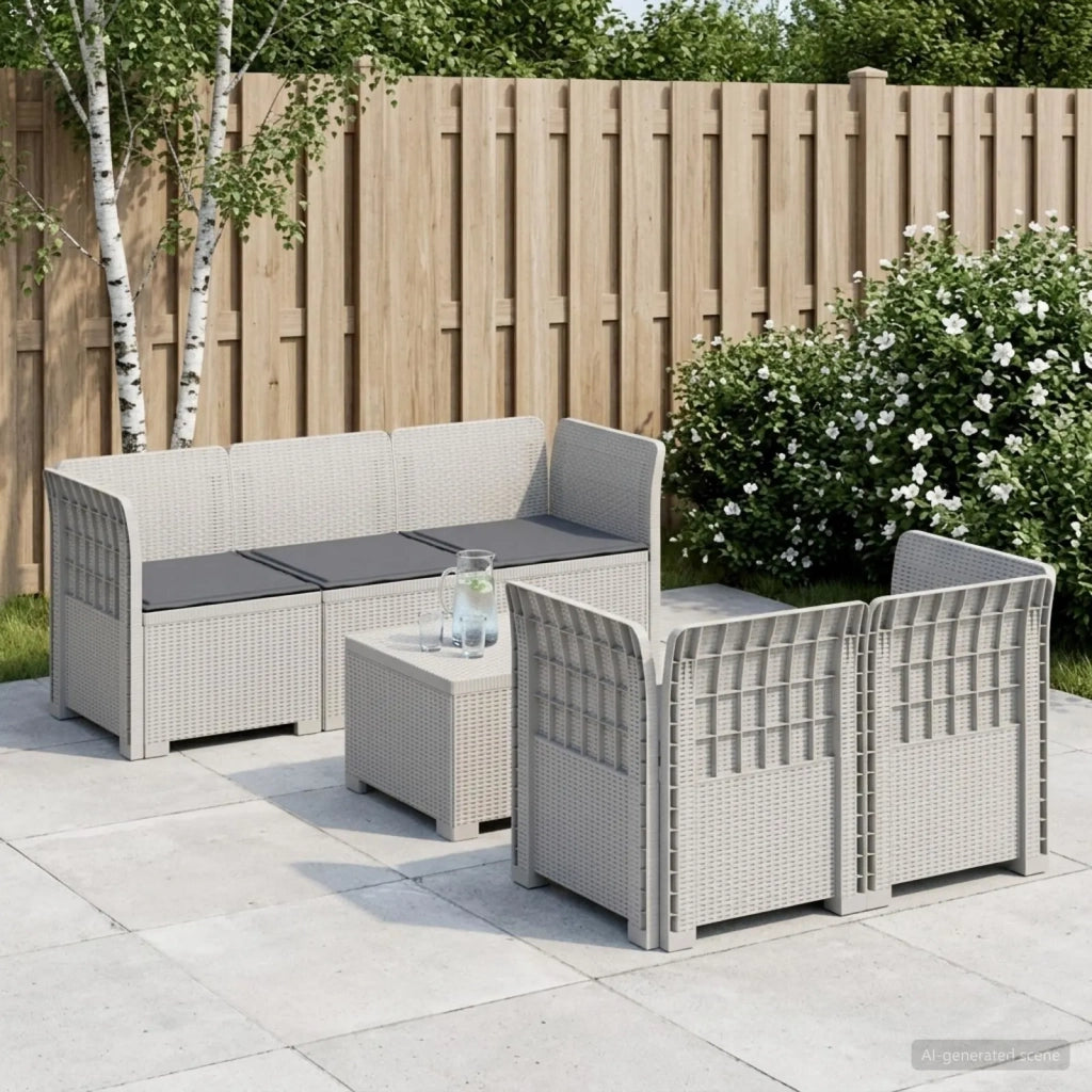 Divano da Giardino 5 Posti con Cuscini Stile Rattan PP Bianco 3443901