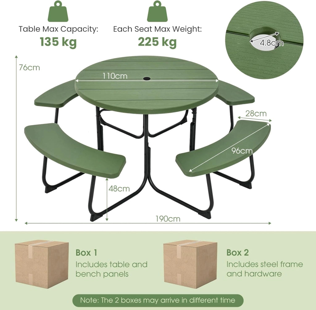 Set di Tavolo da Picnic Rotondo per 8 Persone, Set di Sedie e Tavolo con Foro per Ombrellone, Mobili da Giardino con 4 Panche, in HDPE e Metallo, φ190 x 76 cm (Verde)