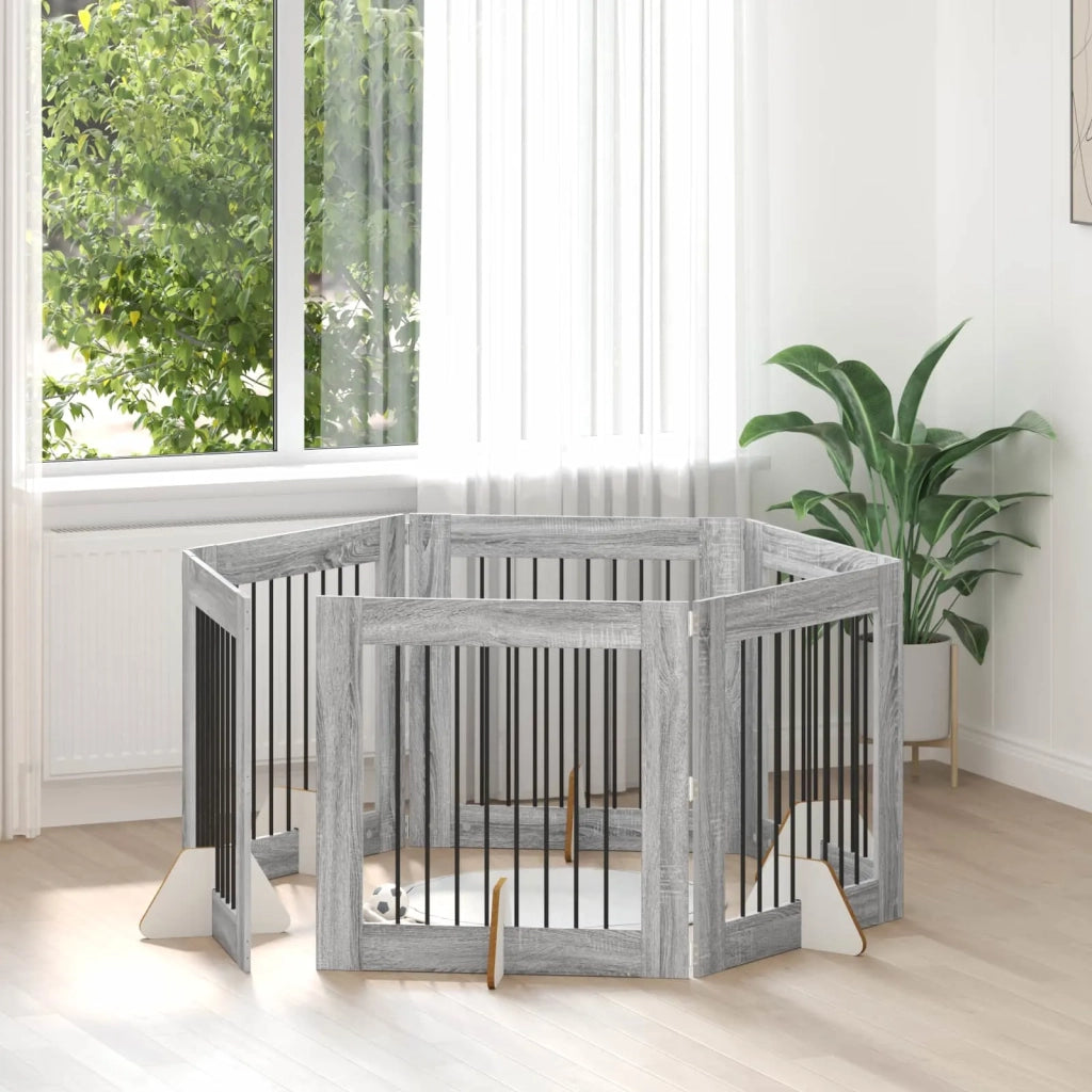 Cancello per cani con supporti 6 pz Grigio Sonoma 80 x 80 cm CFW1905256