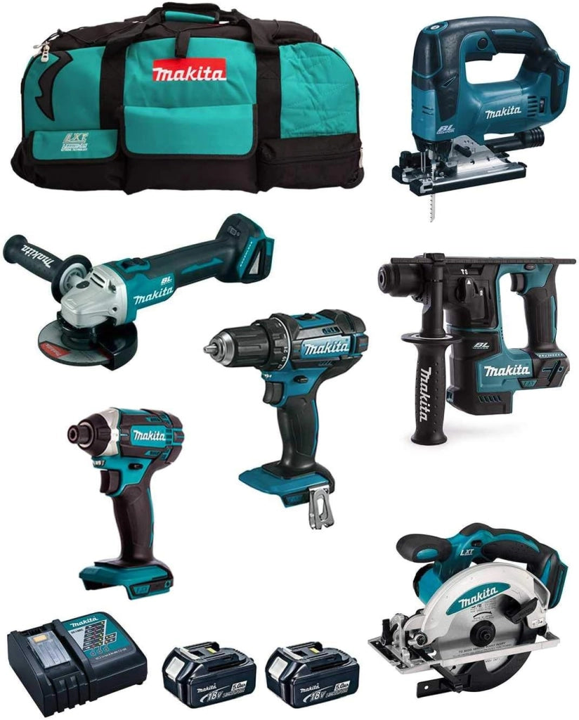 MAKITA Kit MK601 (DDF482 + DHR171 + DGA504 + DTD152 + DJV182 + DSS610 + 2 Batterie 5,0 Ah + Caricabatterie + 2 x LXT600)