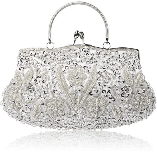 Borsa da sera a mano fatta a maglia con fiori, clutch elegante, piccola borsa a tracolla, borsa per la cerimonia, borsa per il compleanno, borsa per il ballo, borsa per la promessa, con catena e chiusura a croce, in argento.