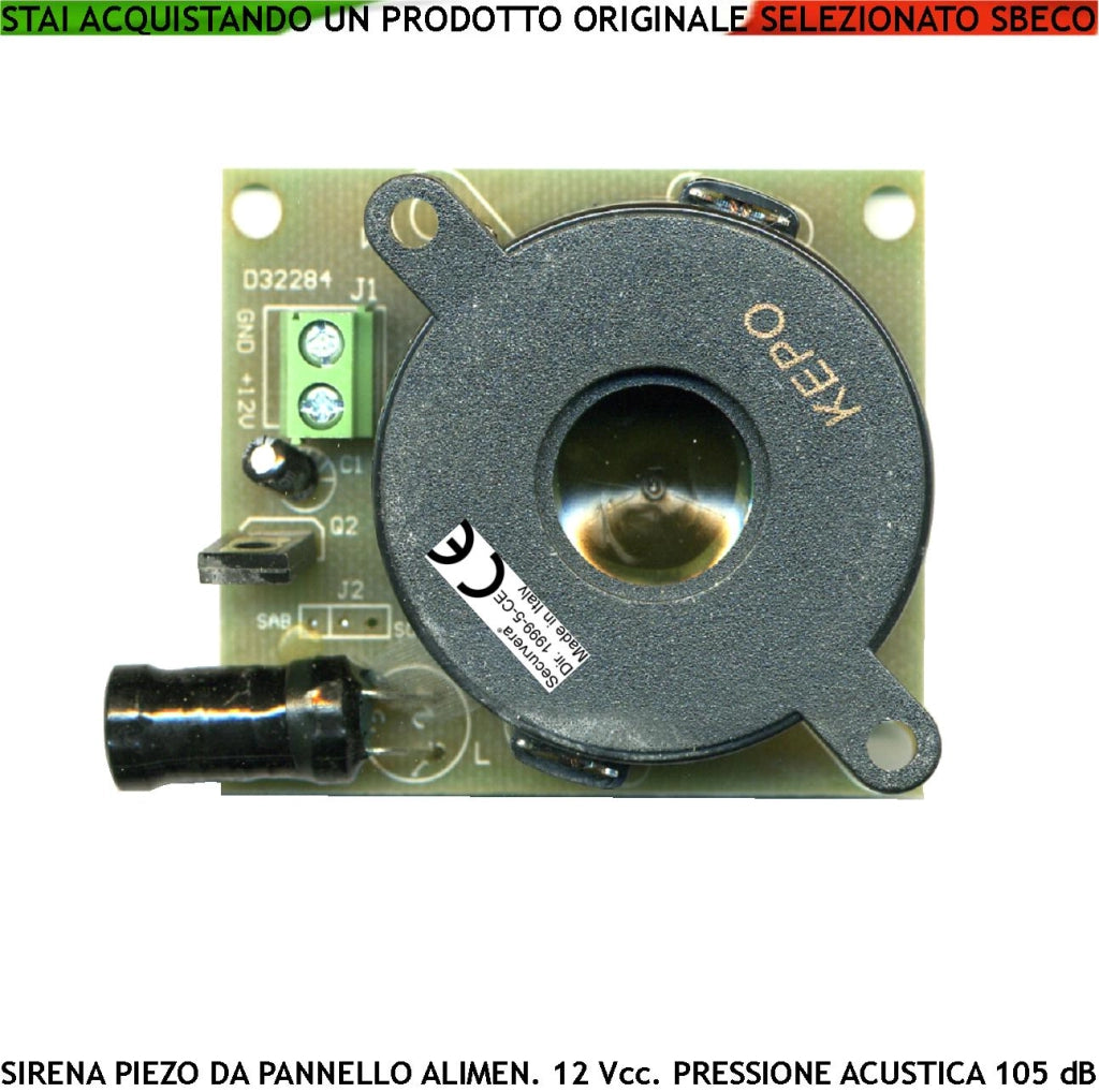 Piezoelettrica Sirena Interna Apparati Acustica 105 dB Alimentazione 12 Vcc Assorbimento 80 mA 2 Morsetti Polarizzati Amplificazione Bitono A/B 1500 +/- 4000 Hz Fissaggio Circuito Tramite 4 Fori IP30