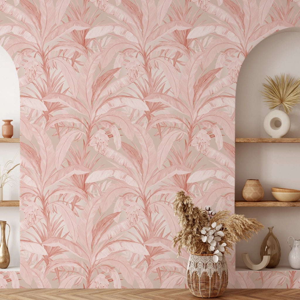 Carta da Parati Jungla Tropicale Rosa Carta Vegana 250x200cm 5,5mq 