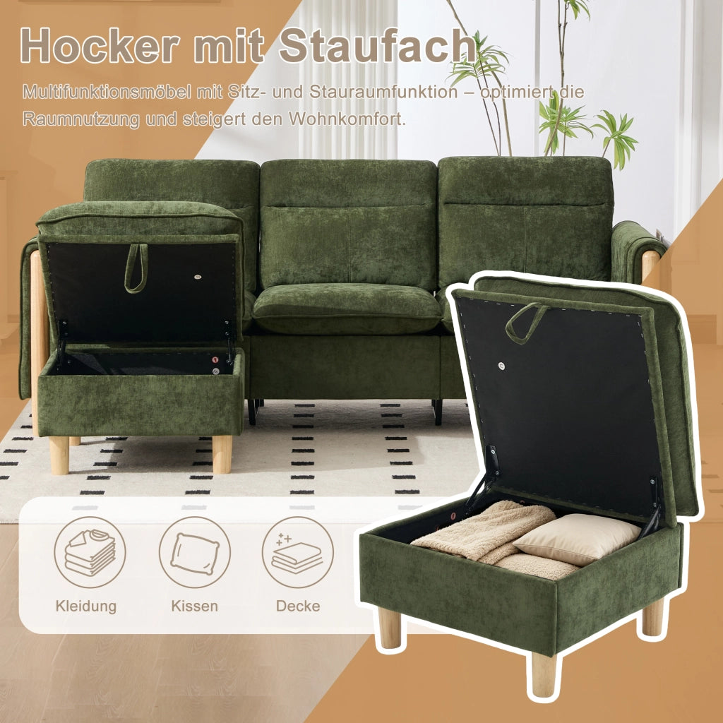 Divano angolare reversibile a 3 posti con vano contenitore e tasche laterali in Chenille Verde