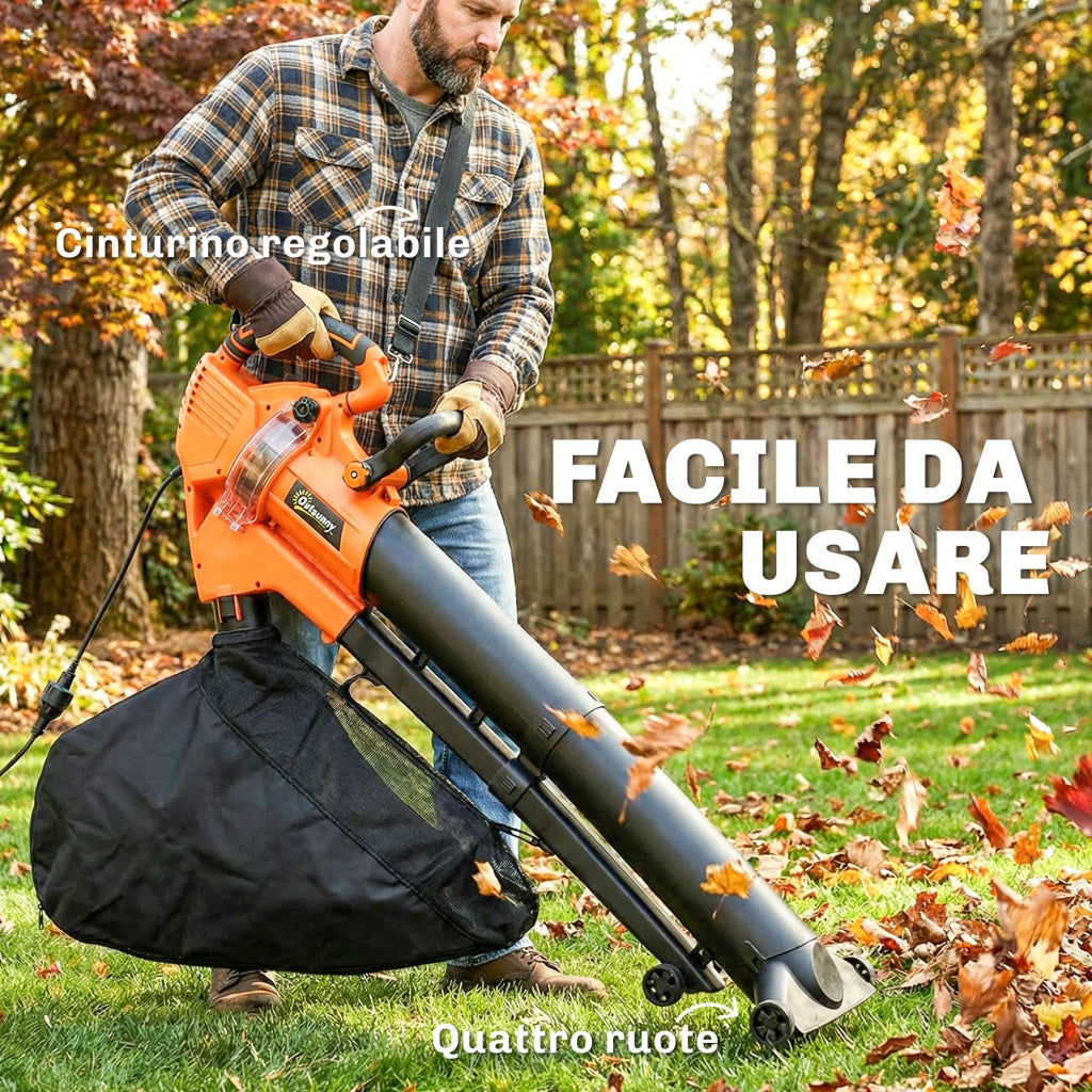 Soffiatore 3-in-1 con Funzione Aspiratore Trituratore per Foglie 3000W in PP e Tessuto Nero e Arancione