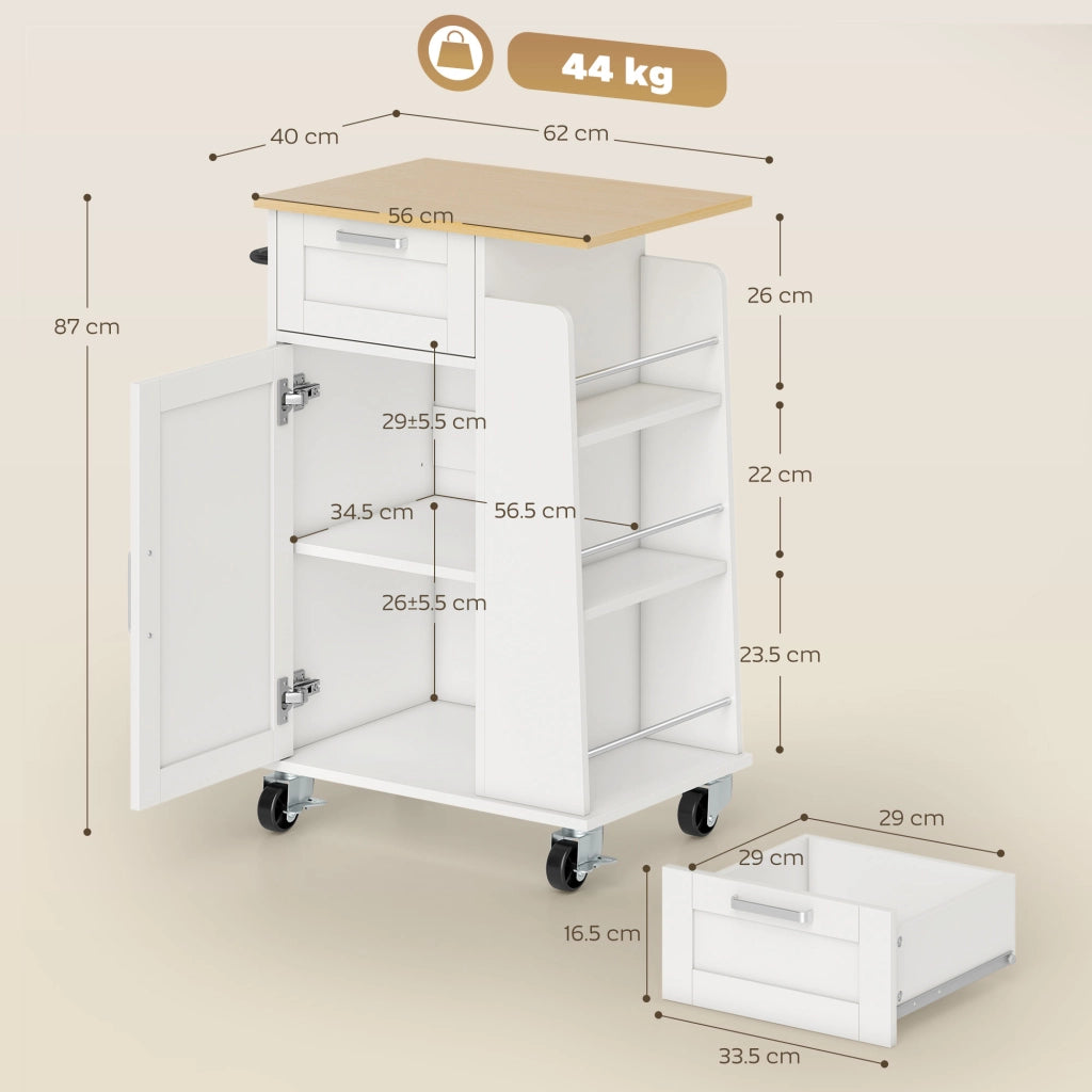 Carrello da Cucina con Cassetto, Armadietto, Portasciugamani e 3 Portaspezie, in Legno, 62x40x87 cm, Bianco