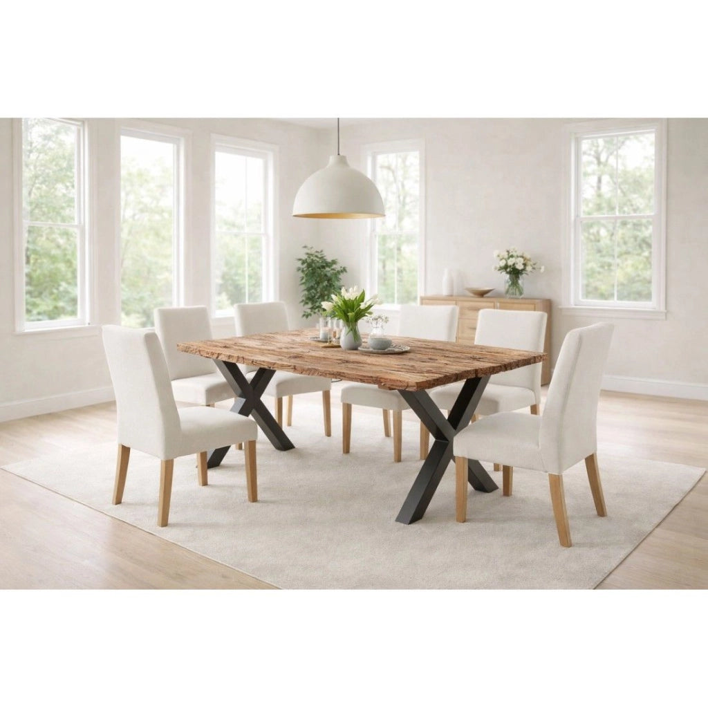 Tavolo da pranzo RAFTA 180 cm - Piano in legno massiccio di teak - Gambe a X in metallo nero