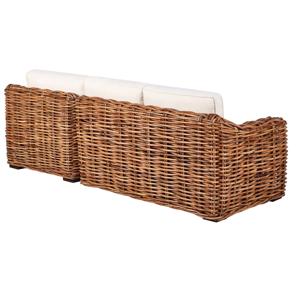 Divano da giardino in rattan naturale per esterni a 3 posti con cuscini bianchi in vimini, soggiorno tradizionale Boho
