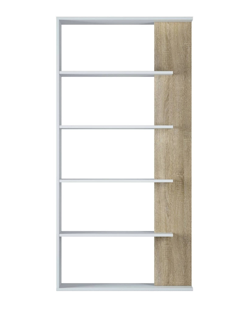 Libreria Eolo, Mobile portalibri bifacciale a 5 ripiani, Scaffale divisorio da ufficio o cameretta, cm 90x25h180, Bianco e Rovere