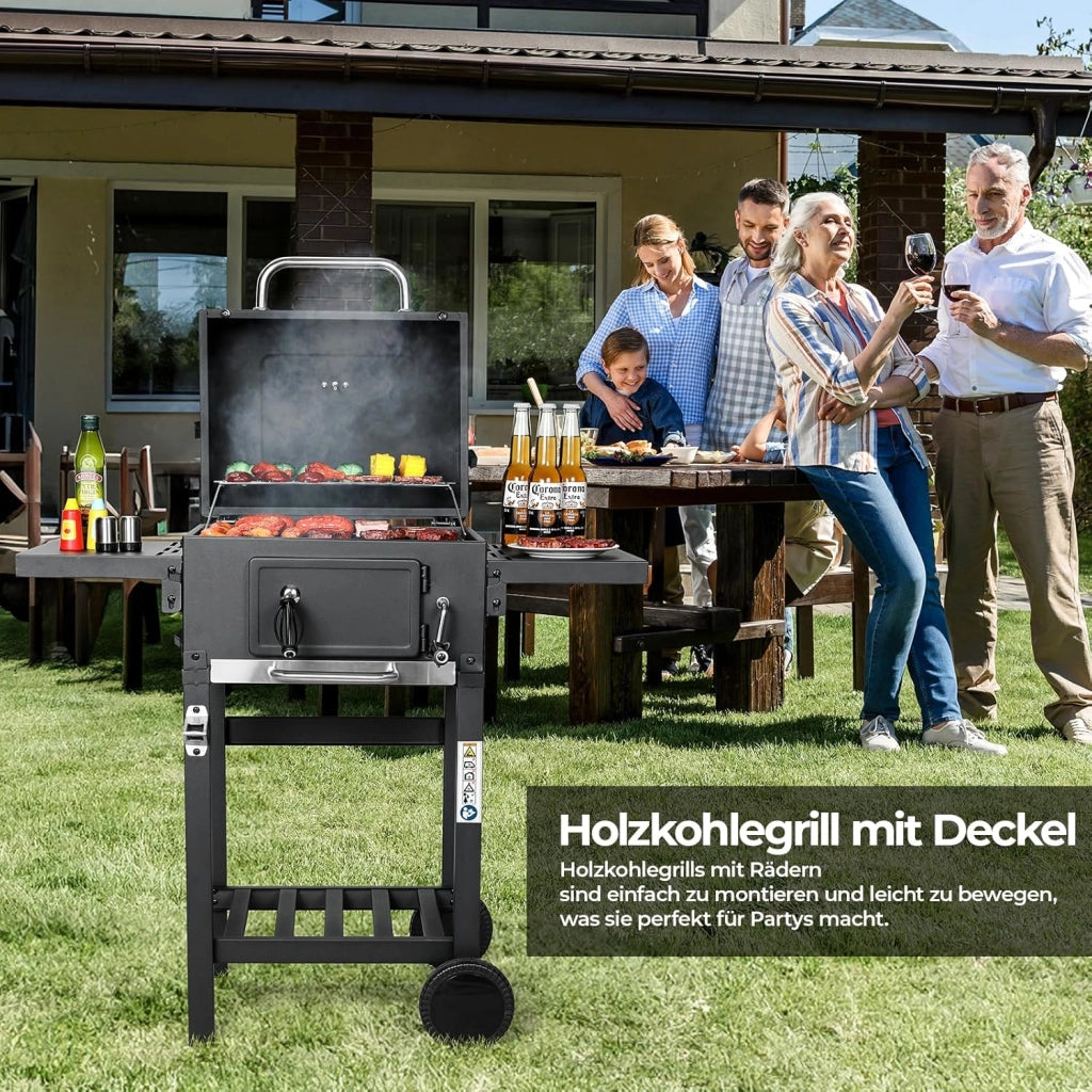 Barbecue Carbonella L, Barbecue a Carbonella con Coperchio, Griglia per Barbecue con 2PCS Ruote, Termometro, BBQ Smoker con Carrello per Campeggio, Giardino