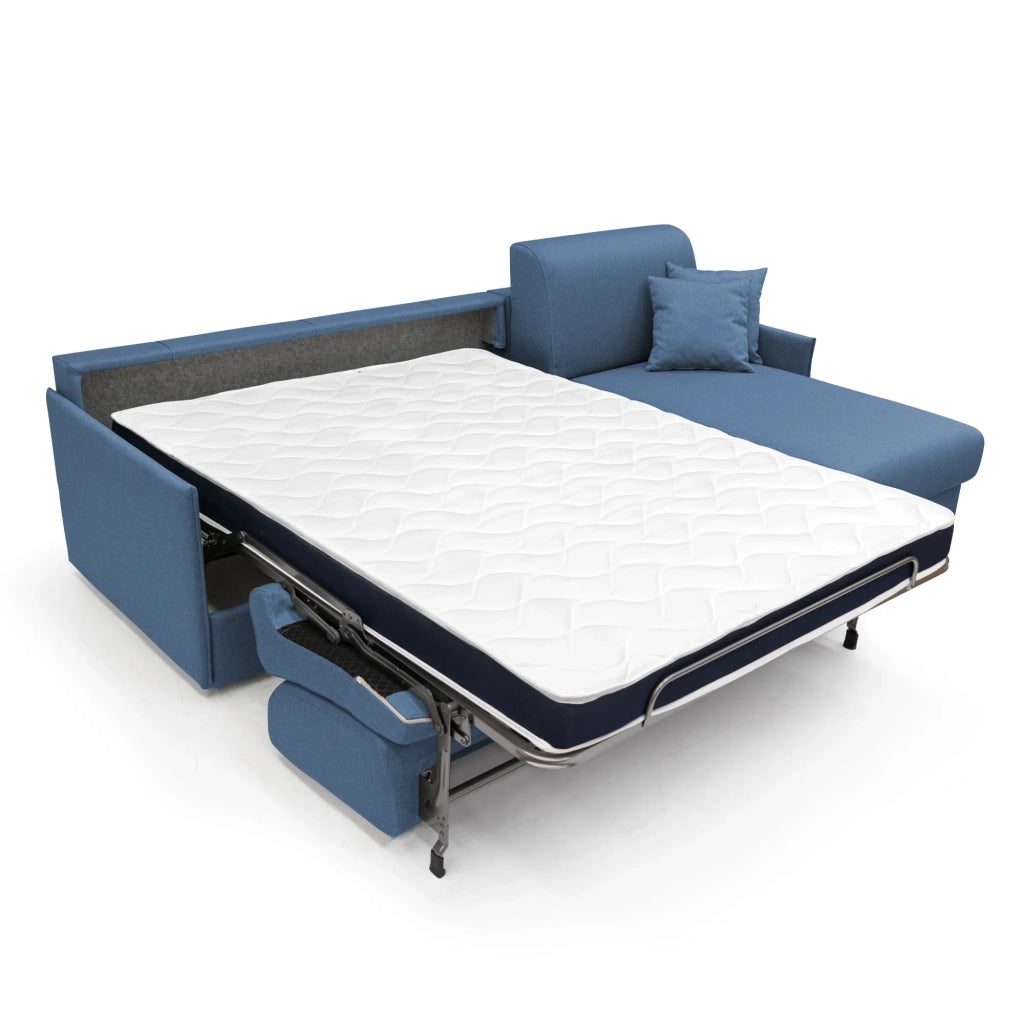 Evans Divano letto angolare con penisola in morbido tessuto impermeabile T13 272 cm Destro (mat. 160x197)  blu