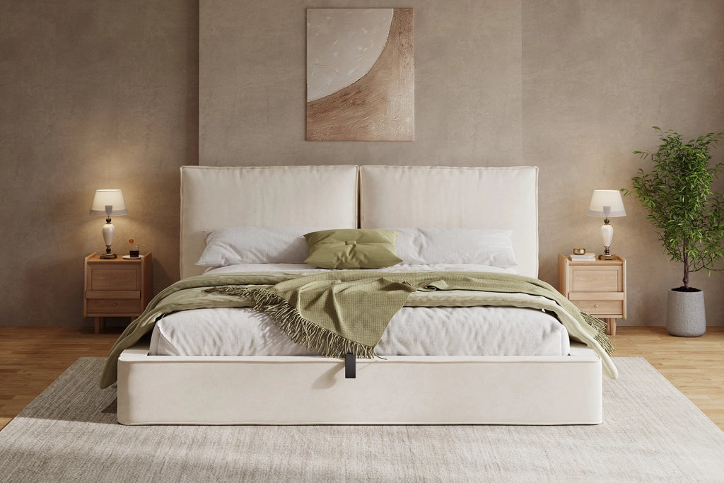 DESMIU Lit contenitore 180 × 200 cm 2 posti con vano idraulico e testiera, senza materasso, in velluto beige