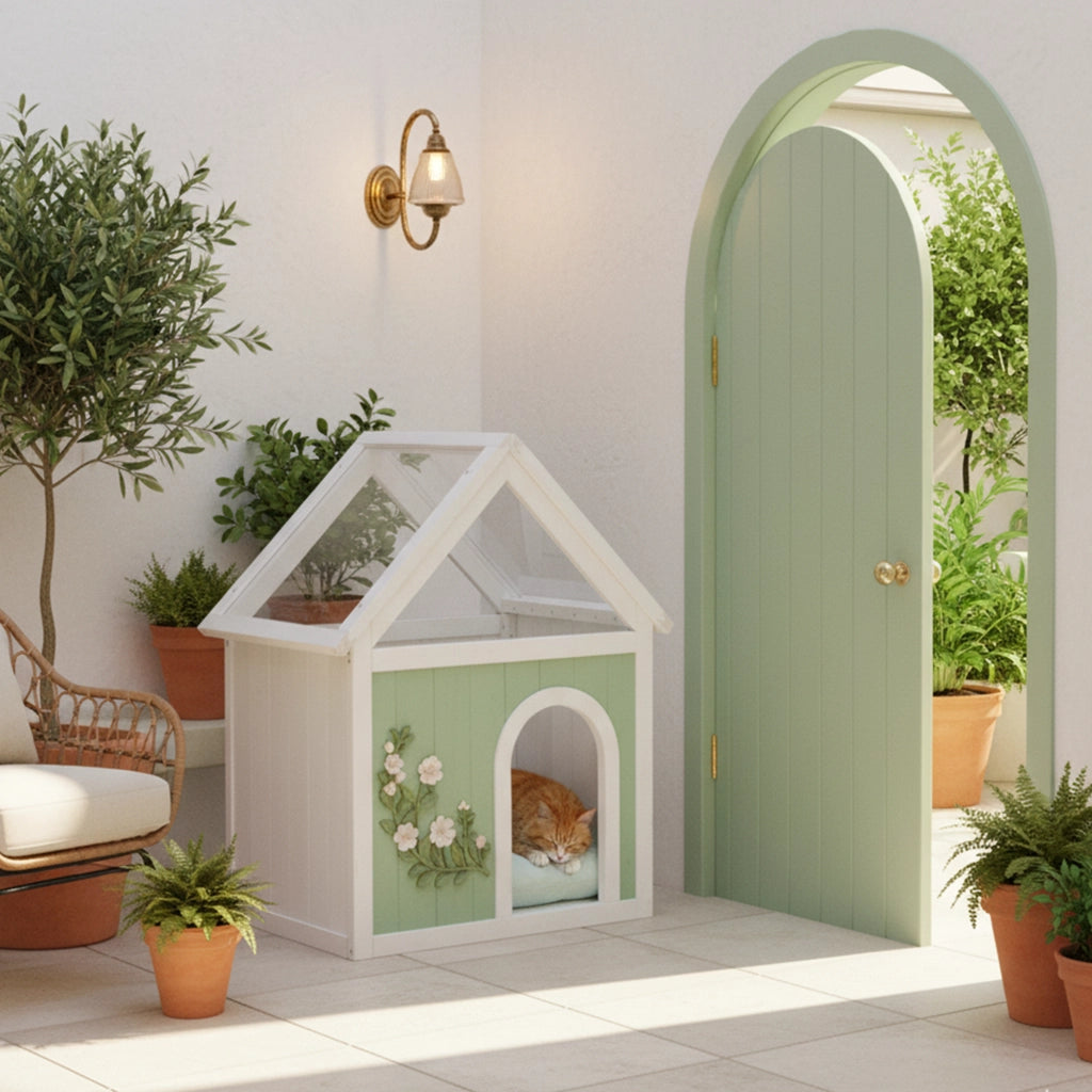 Cuccia per gatti e cani di piccola taglia in legno FSC; colore menta; con tetto trasparente