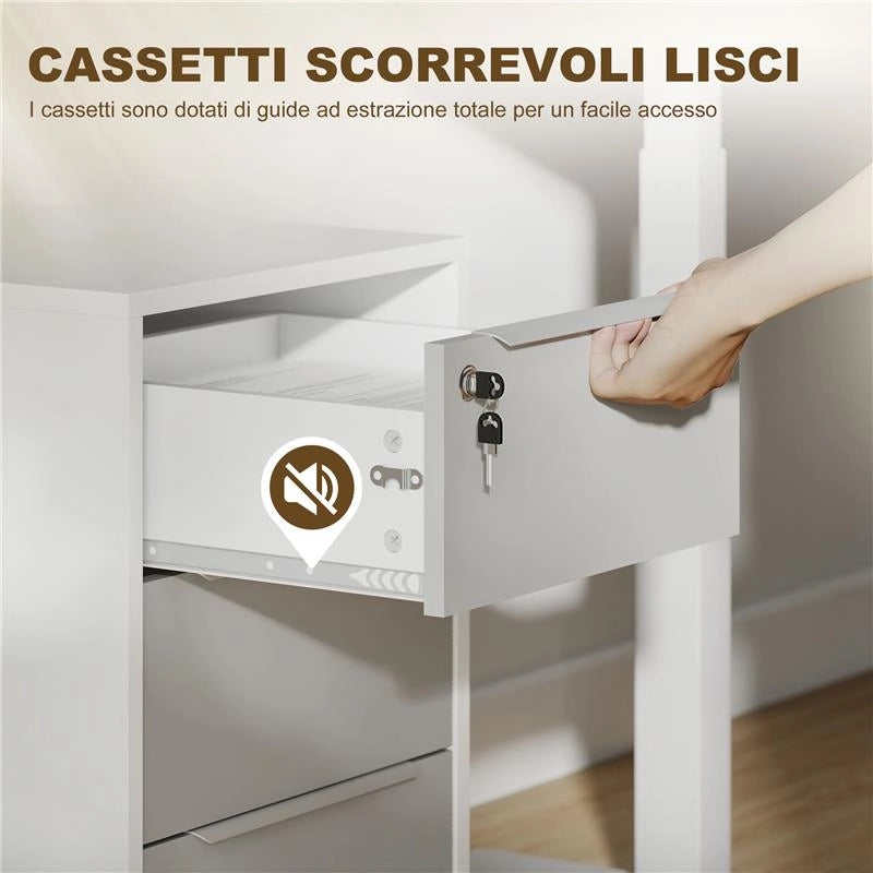 SCHEDARIO PER UFFICIO A 3 CASSETTI CON CHIAVI DI SICUREZZA E 4 RUOTE, IN LEGNO, 40X40X63.5 CM, BIANCO E GRIGIO
