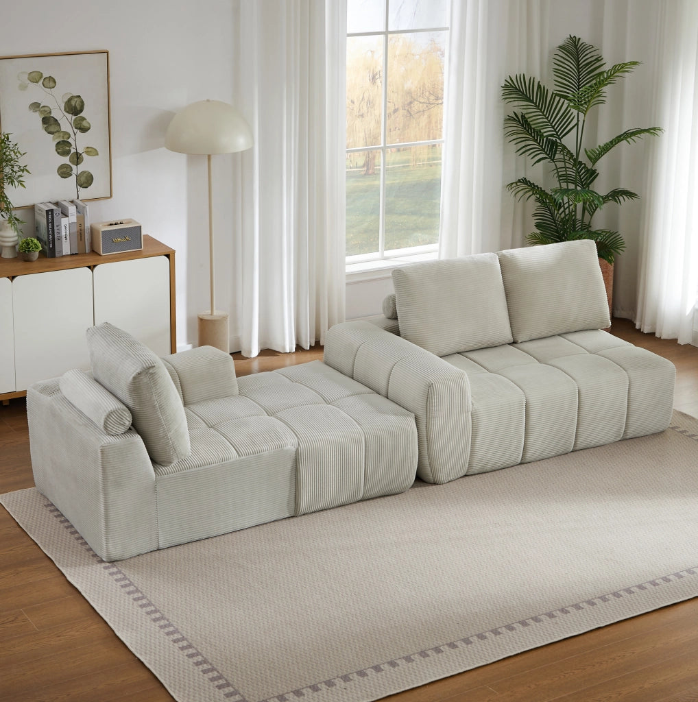 Divano angolare beige in velluto a coste; schiuma e molle insacchettate
