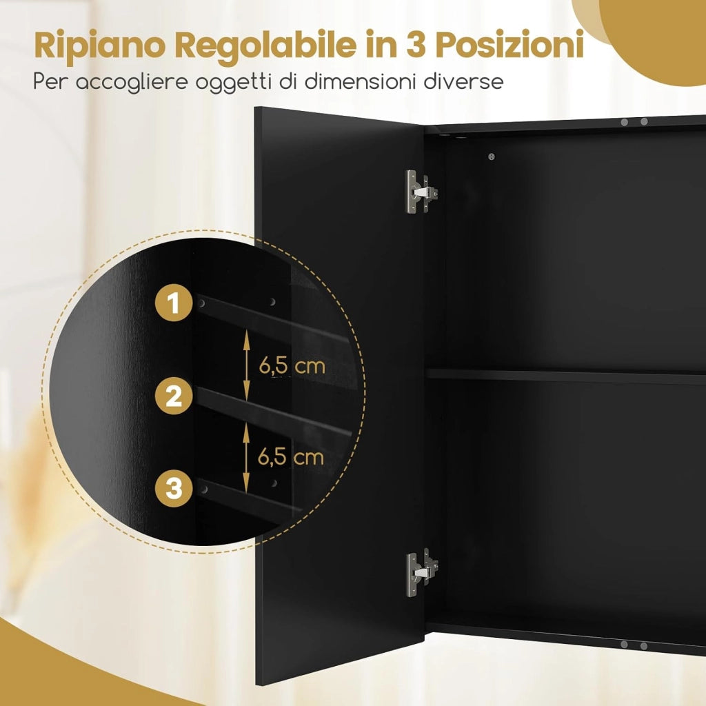 Armadietto da Bagno con Specchio a 2 Ante, Mobiletto da Parete Pensile con Mensola Regolabile, Mobile Bagno Sospeso con Specchiera 65 x 62 x 11 cm (Nero)