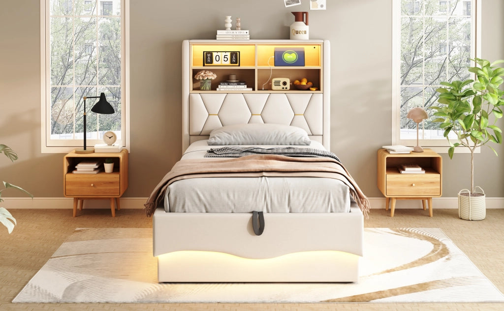 DESMIU Lit enfant 90 × 200 cm con LED, USB, vano contenitore, senza materasso, beige
