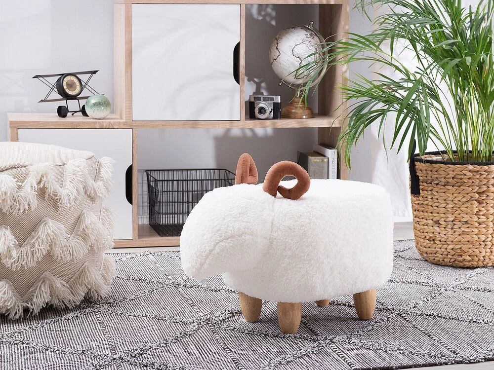 Sgabello per bambini Animale Agnello Poggiapiedi per asilo nido con gambe in legno imbottite in tessuto poliestere bianco