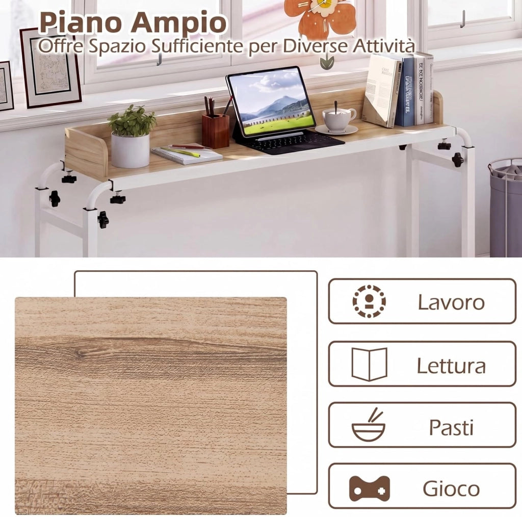 Scrivania da Letto con Ruote, Tavolino da Letto Salvaspazio con Altezza e Lunghezza Regolabili, Telaio in Metallo, Scrivania Portatile per Camera da Letto, Soggiorno e Ospedale (Naturale)