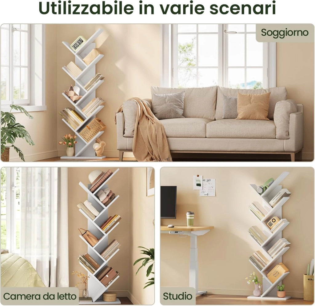 Libreria ad Albero Moderna Scaffale Salvaspazio a 9 Ripiani in Legno Porta Libri per Soggiorno Camera Studio Bianco, 40x20x127cm