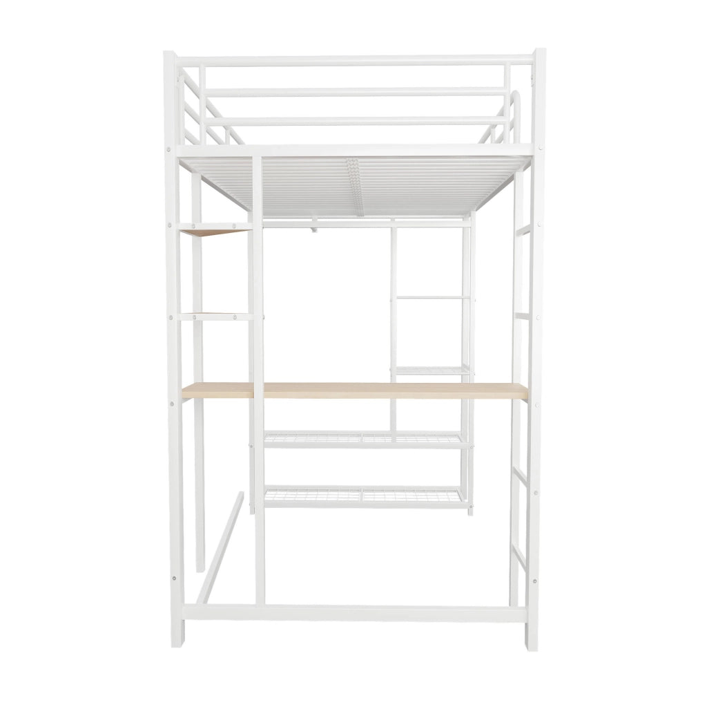 Letto a soppalco singolo 90x200 cm in metallo e MDF con scrivania; ripiani e guardaroba; bianco