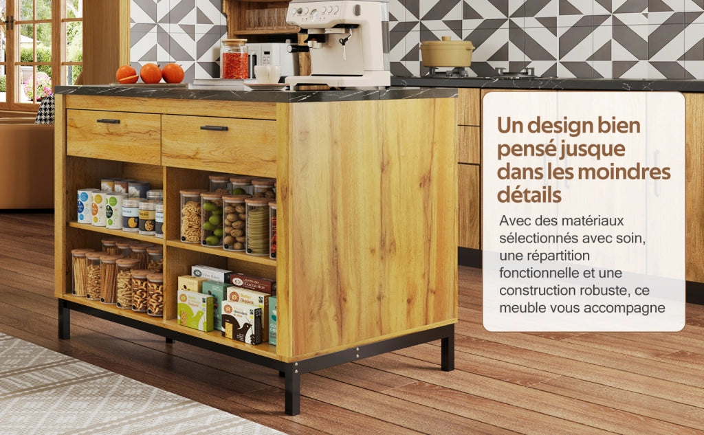 Isola da cucina in stile rustico con 2 cassetti e 4 ripiani aperti, piano effetto marmo nero, per cucina 120 × 75 × 90 cm