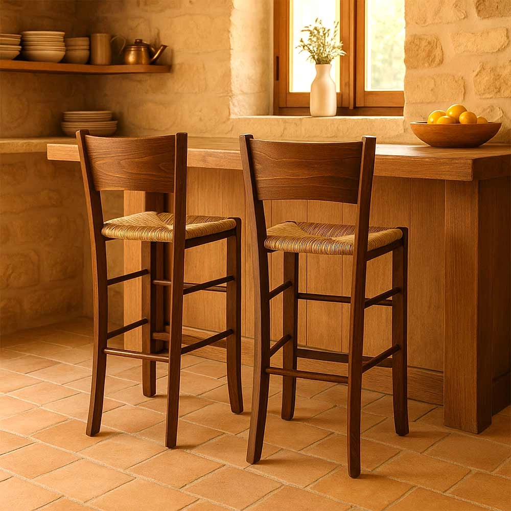 Sgabelli bar lucy in legno noce scuro h 73 cm con seduta in paglia di riso