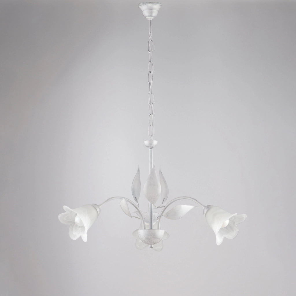 Lampadario 3 Luci Olga Bianco e Argento Ferro Battuto e Vetro BeLight