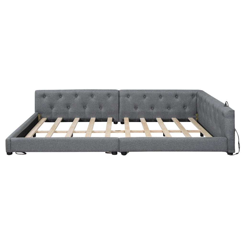 Daybed in lino con LED, USB-C e testiera, 140x200 cm, grigio