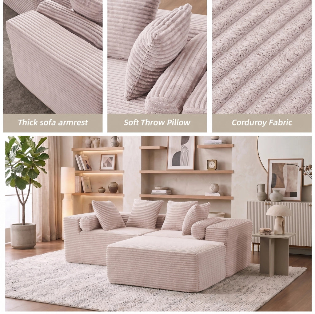 Divano modulare componibile a L con chaise longue; senza montaggio; in schiuma e molle; beige