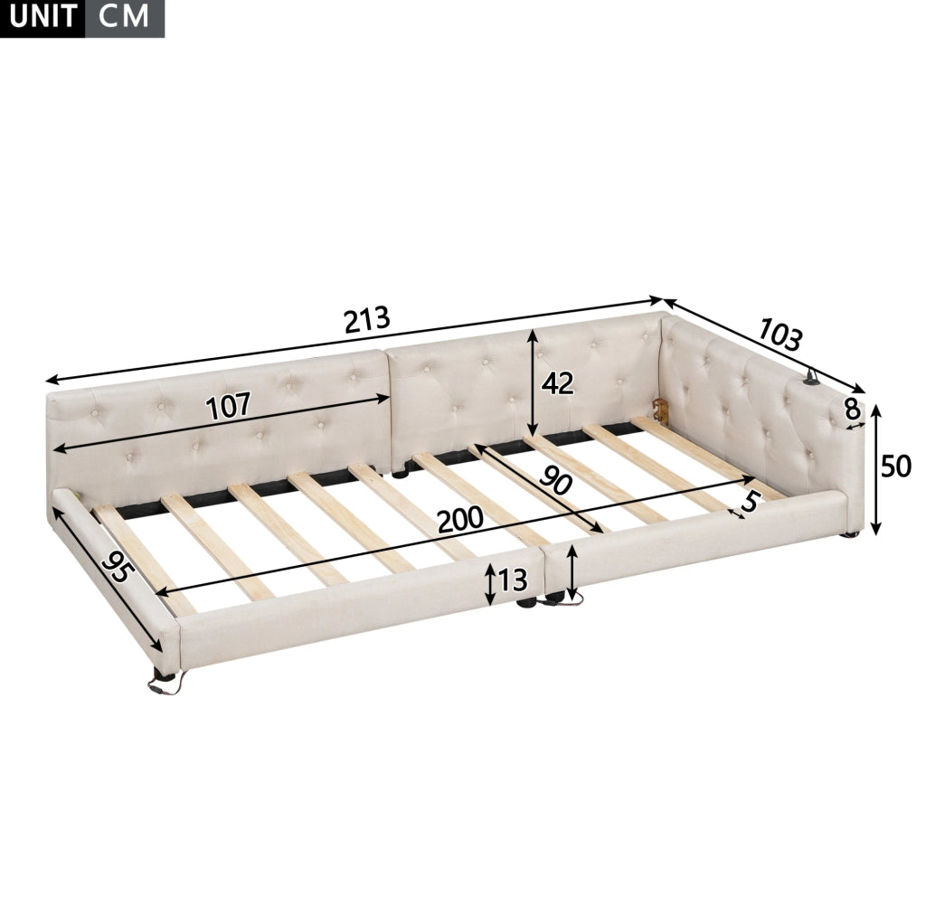 Letto daybed 90x200 cm con luci LED e USB Type-C in lino beige