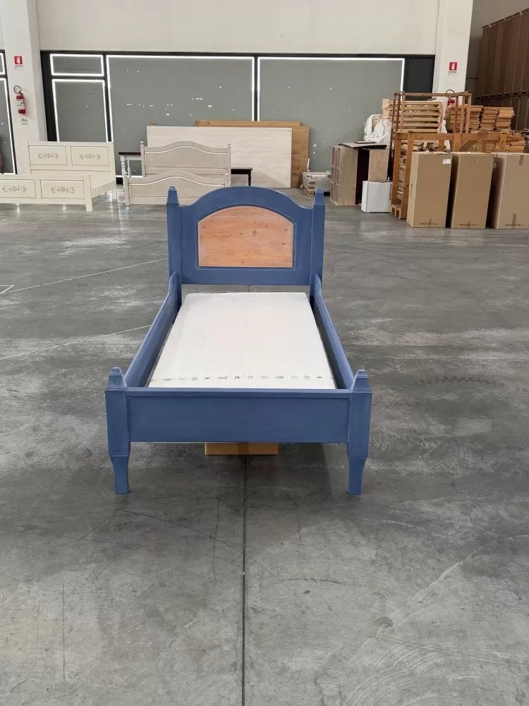 Letto singolo arte povera blu e miele legno 103x210x106 (2231) - Mobili 2G