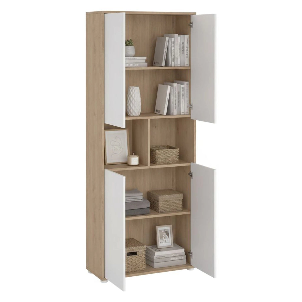 Credenza Pierre, Buffet da soggiorno, Madia da salotto, Dispensa da cucina, 80x34 h205 cm, Rovere e Bianco