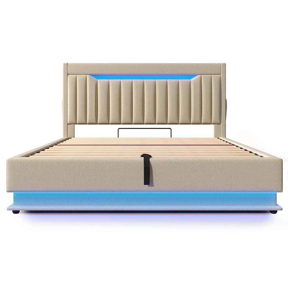 Letto matrimoniale-Xylo-140x200 cm-LED, USB-C, testiera, idraulico, con materasso, beige