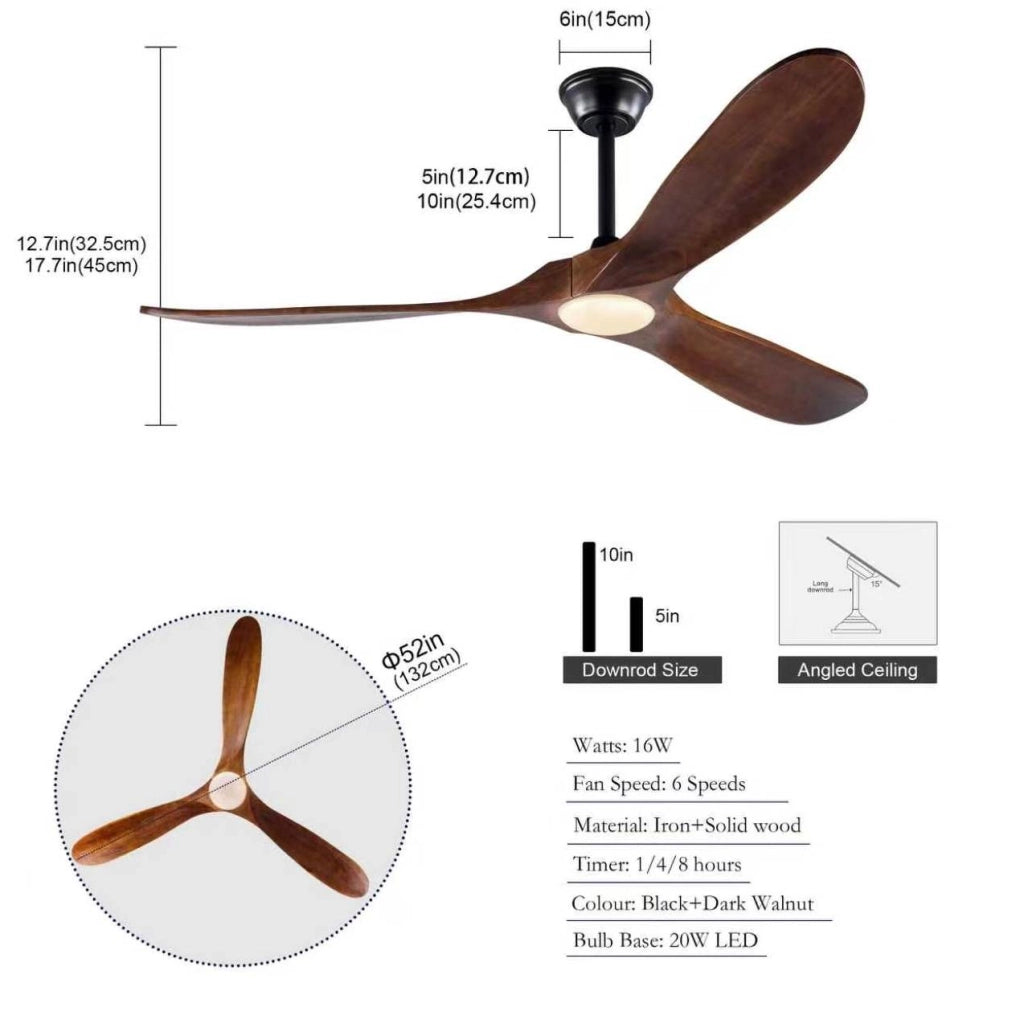 Ventilatore da soffitto 52 pollici con luce LED; 3 pale in legno noce; nero