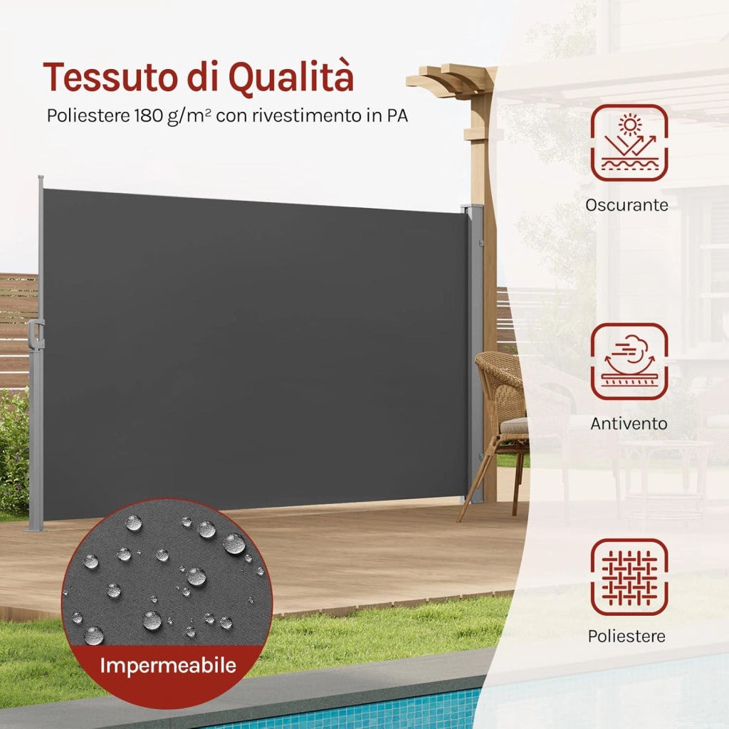 Paravento Esterno, Tenda Laterale Retrattile, 180x350 cm, Frangivista, Protezione Solare & Antivento, per Giardino, Balcone, Terrazza, Patio, Antracite