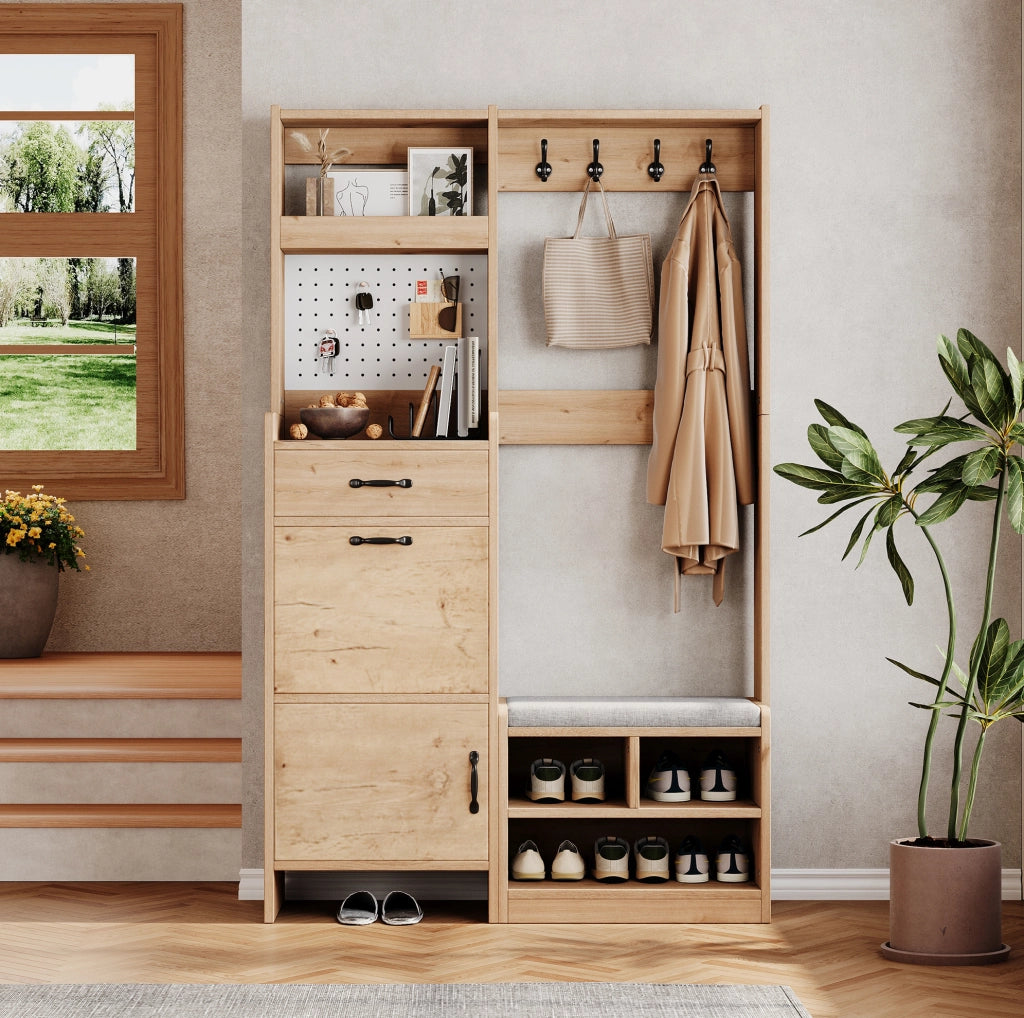 Guardaroba da ingresso 108.5x35x180 cm con panca; 4 ganci; truciolato naturale e bianco