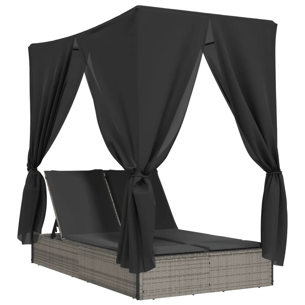 Lettino Prendisole | Sdraio da giardino | Lettino da sole Doppio Tetto e Tende Grigio in Polyrattan