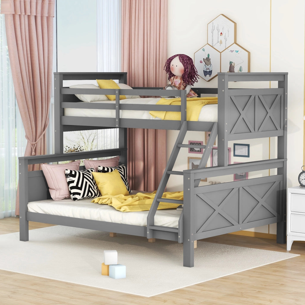 Letto a castello con scala e parapetto in pino grigio 90x200 cm