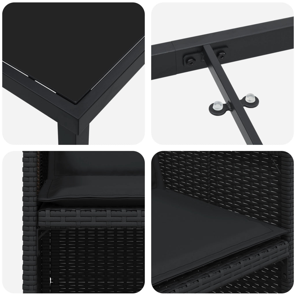 Set da Pranzo da Giardino da 5 Pezzi con Cuscini Rattan Poliestere Nero