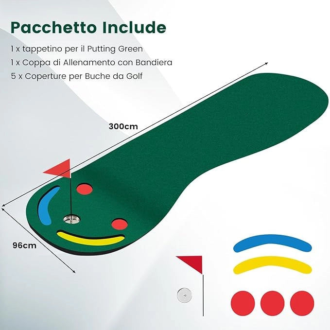 Set di Putting da Golf, Tappetino da Putting con 3 Fori per il Putting, 1 Bandierina e Coperture per Buca da Golf per Allenarsi al Putting, Putting per Uso Interno ed Esterno, 300 x 96 CM