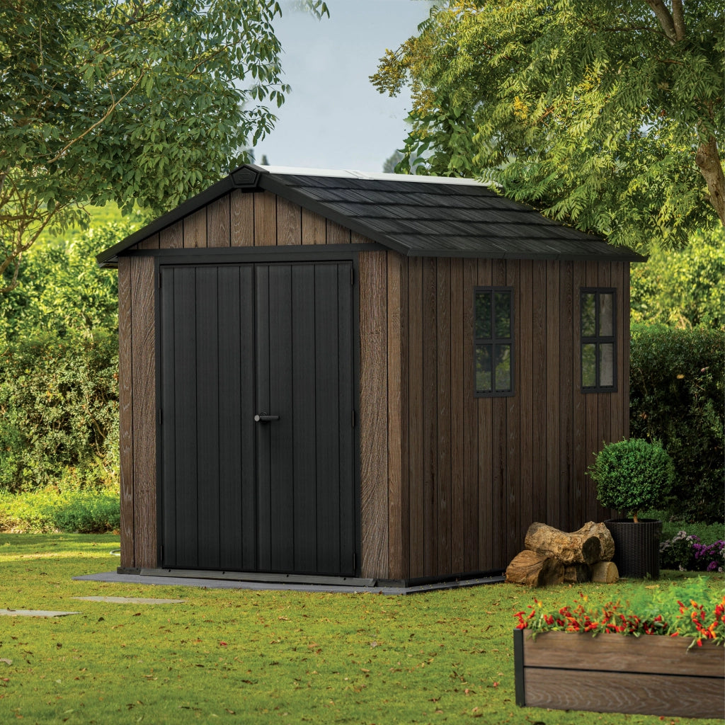 Apex 759/975- Casetta da Giardino 287x246x230 cm  2 Ante per deposito attrezzi finitura effetto legno Evotech+ in Resina Marrone e Nero
