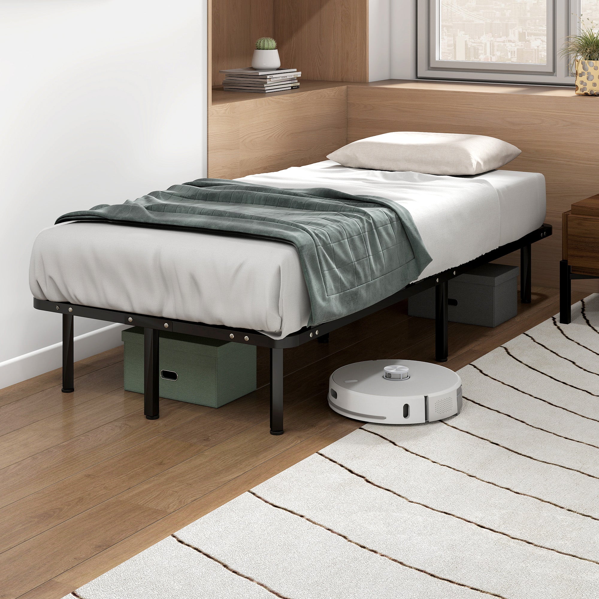 Rete Fissa Letto Singolo 190x90x31 cm a 28 Doghe con Spazio Sottostante in Legno e Acciaio Nero e Legno