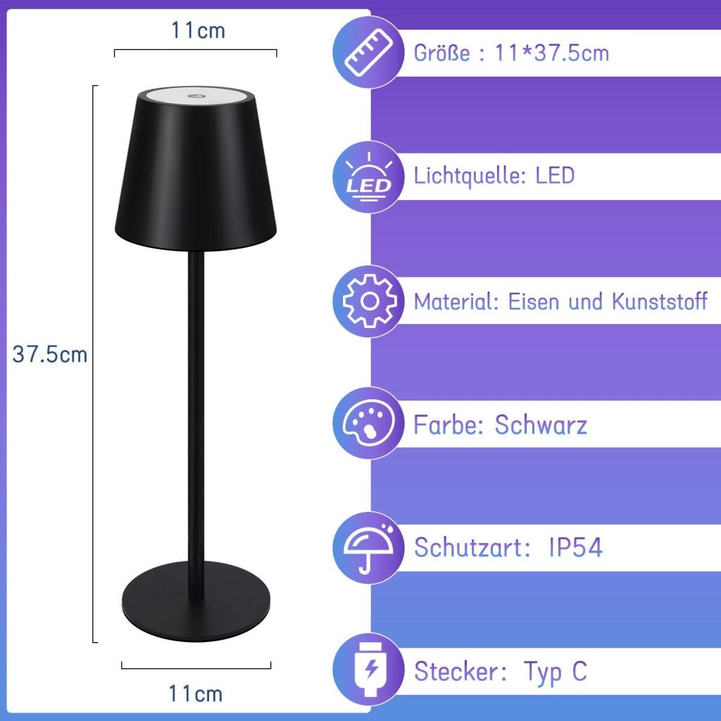 ZMH Lampada da tavolo LED wireless nera RGB 2600mAh touch dimmerabile USB Type C ricaricabile per esterno camera letto