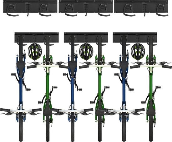 Sostegno per biciclette e bici con 3 rail per 6 biciclette + 3 caschi - garage o casa - regolabile - ganci per attrezzi - larghezza interna 90 mm - 3 rail