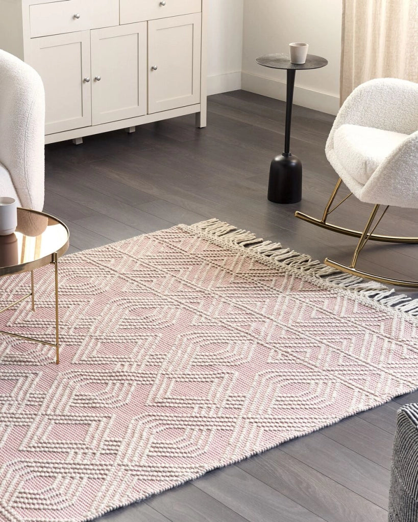 Tappeto in lana rosa pastello bianco 160 x 230 cm con motivo geometrico nappe soggiorno camera da letto