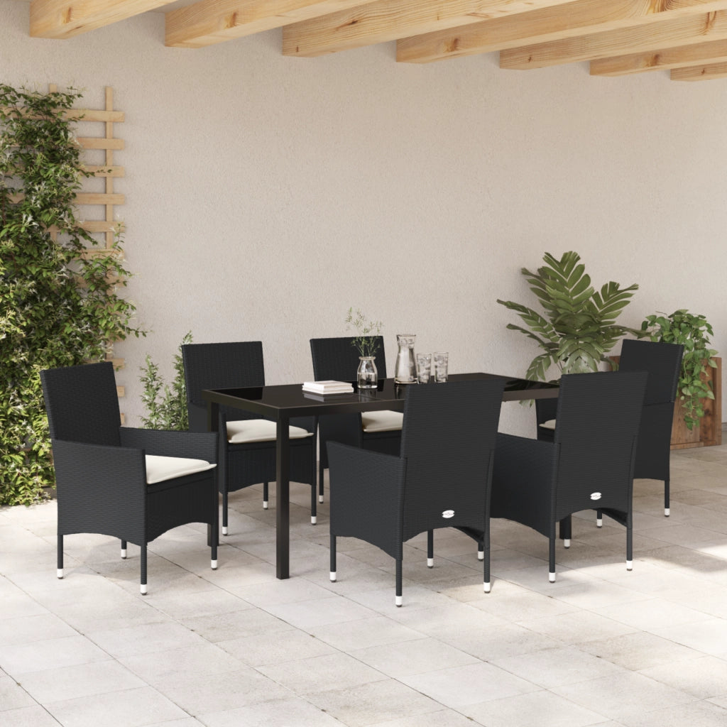 Set da Pranzo da Giardino  da 7 Pezzi con Cuscini in Polyrattan Nero
