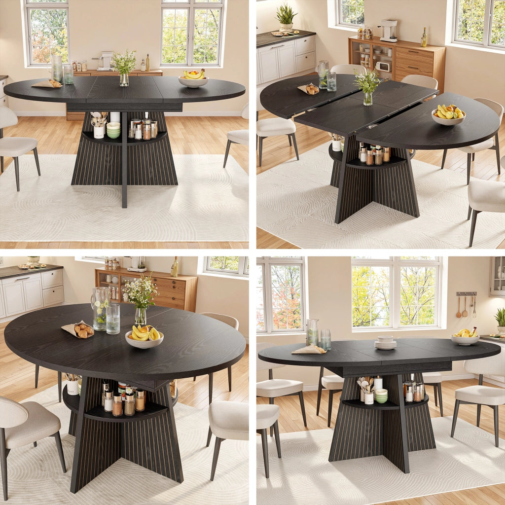 Tavolo allungabile con vano aperto e angoli arrotondati, per 2-8 persone, in MDF e metallo, nero, 110-150 × 110 × 76 cm
