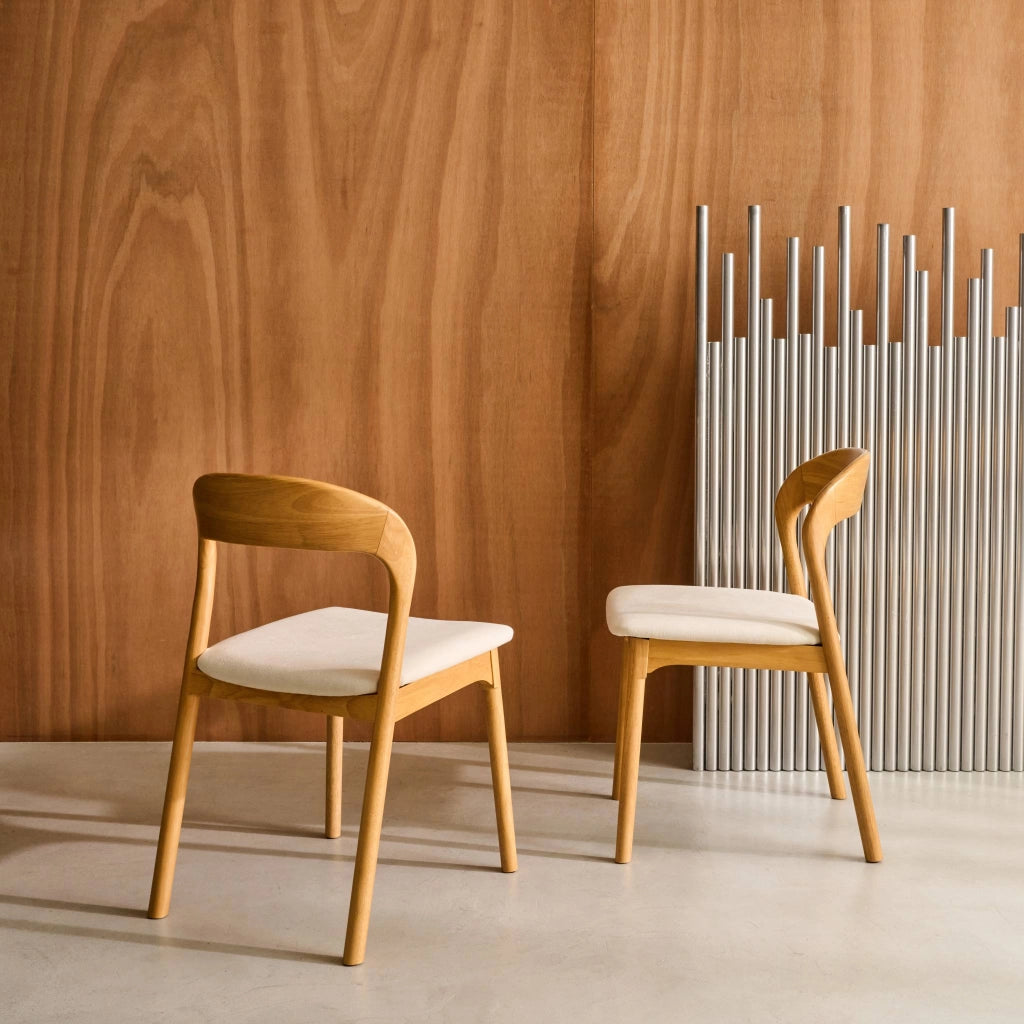 Set 2 sedie vintage in legno di hevea e tessuto, marrone naturale