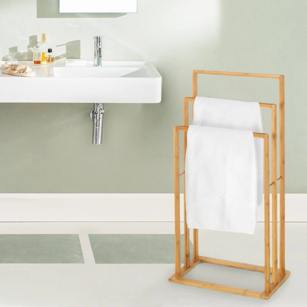 Porta Asciugamani Da Terra In Legno Bambu Carbonizzato 3 Braccia Piantana Bagno
